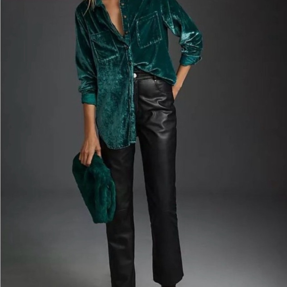 Anthropologie Pilcro Relaxed Velvet Buttondown Shirt Top Blouse Emerald Green - Picture 7 of 7